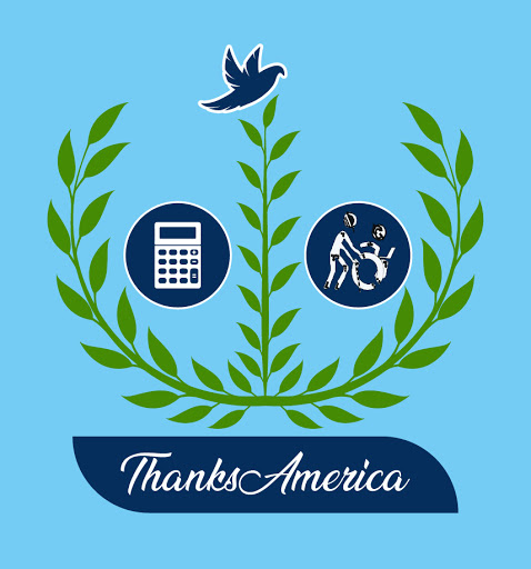 ThanksAmerica logo is square in shape, blue background, an olive tree branches off from the bottom center to the left, middle, right, and curves to the top.  From the top left olive, a text that says, “ThanksAmerica” goes to the right.  Right of the middle olive, a blind person is pushing to the lady in a wheelchair, and she is guiding him too.  To the left, there is a calculator.  ThanksAmerica logo stands for life, development, honesty, teamwork and creativity!